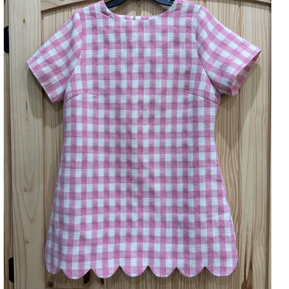 Mable Pink Gingham Scalloped Hem Mini Dress MD5410 Short Sleeve Tweed Check - Picture 2 of 9